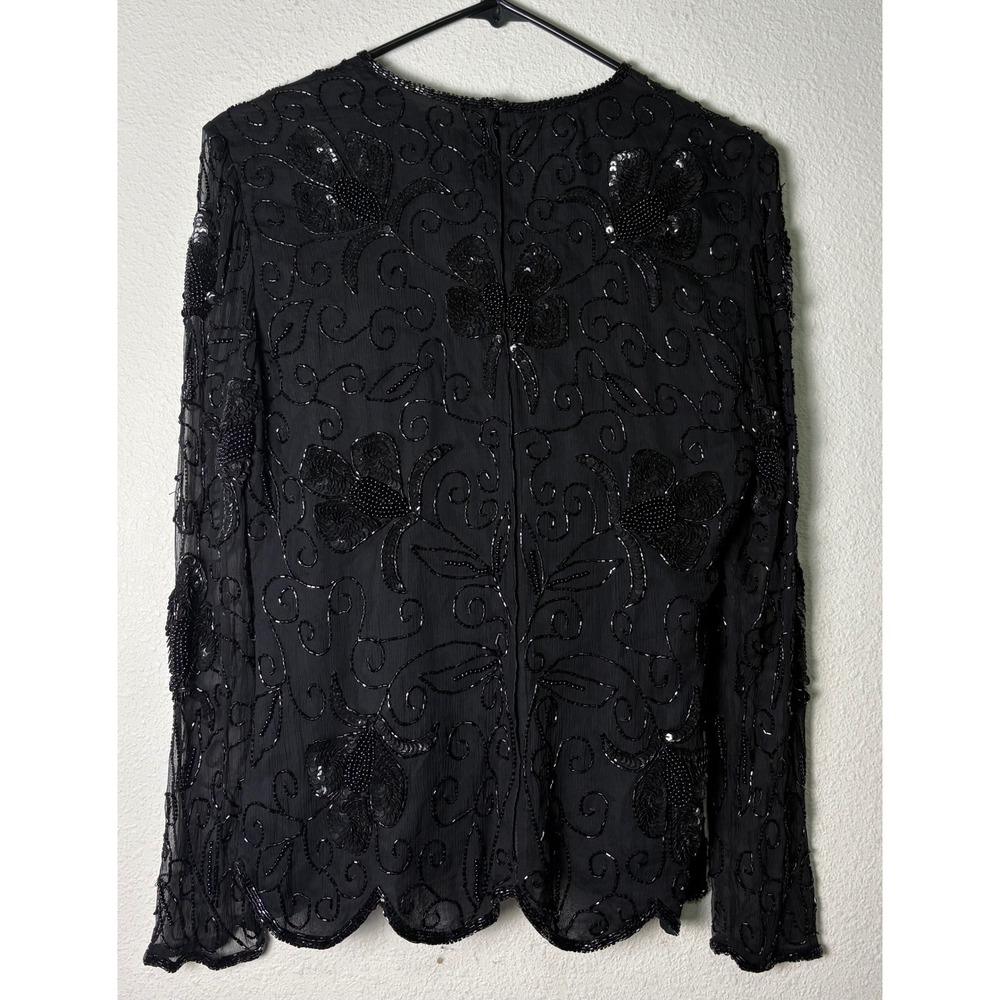 Stenay Vintage Black Silk Beaded Sequin Floral Long Sleeve Blouse Scallop Hem S - Picture 3 of 8